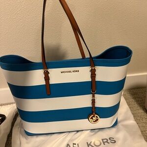 Michael Kors Blue and White Striped Tote and Matching Wallet